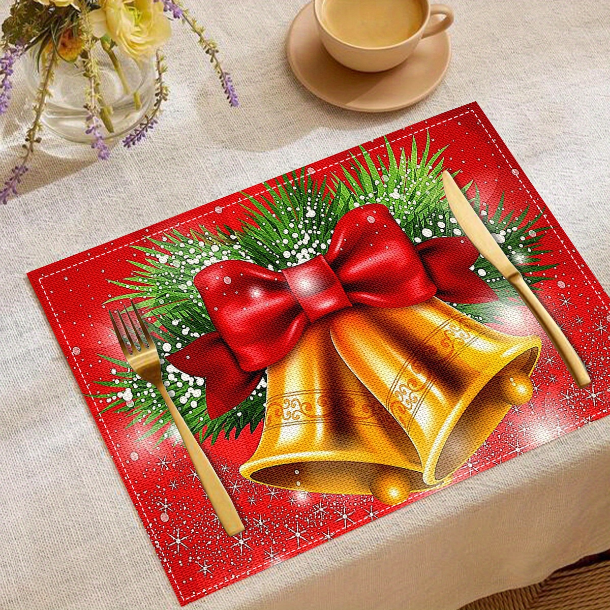 

Festive Christmas Bell Placemats - 4 Pieces, Modern Linen Table Mats, Insulated, Square, Machine Washable