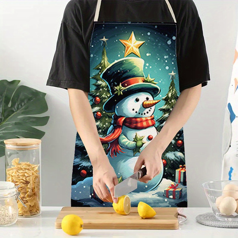 

Christmas Themed Snowman Print Apron - Woven Linen 100% Material, Adult Size Kitchen Cooking Apron, Fashionable Home Chef Attire With Tie-back, Kitchen Accessory - Jit1pc