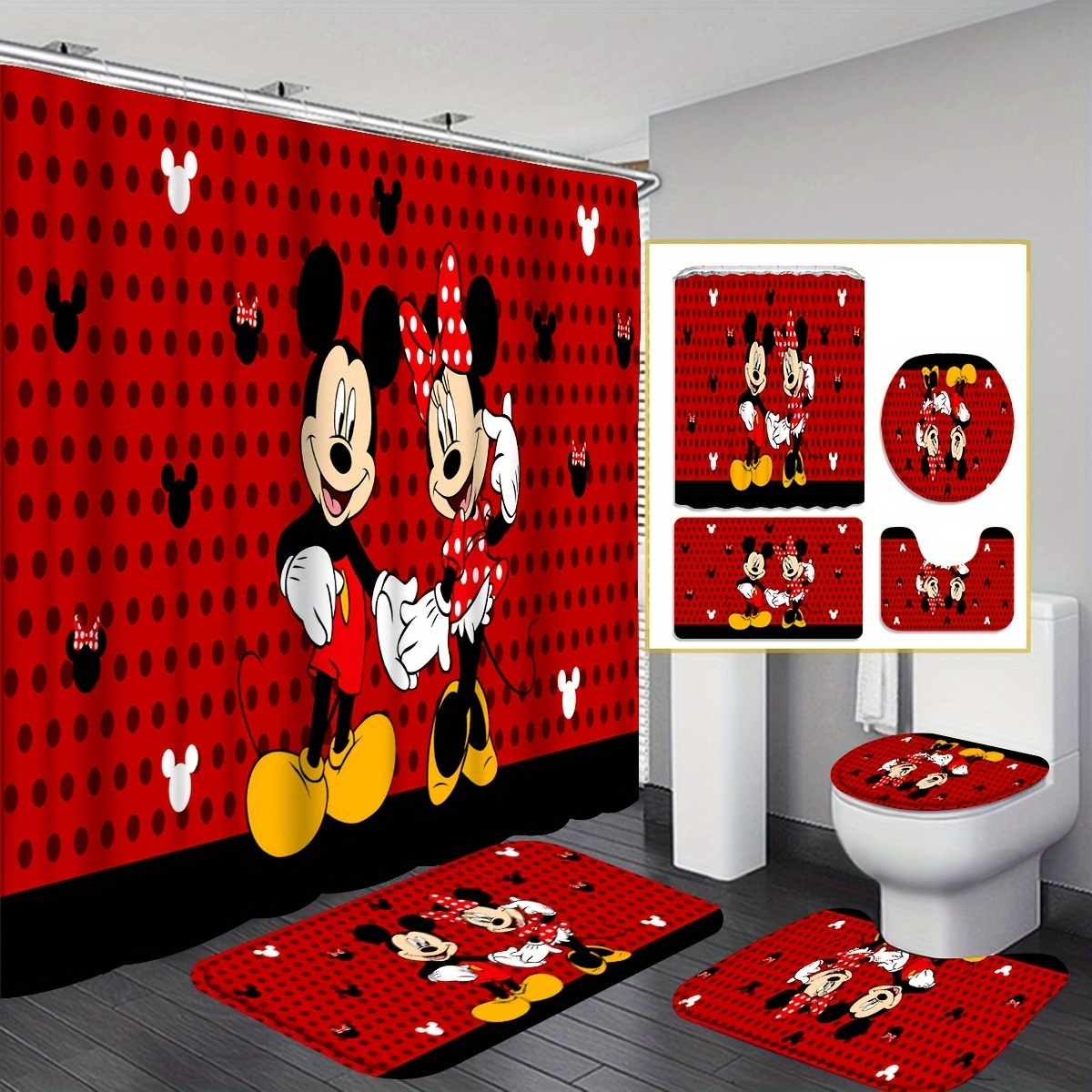 

4pcs Disney Mickey & Mouse Bathroom Set, Polka Dot Design, Waterproof Shower Curtain With 12 Hooks, Non-slip Bath Mat, Toilet Cover, And U-shaped Rug, Cartoon Themed Bathroom Decor