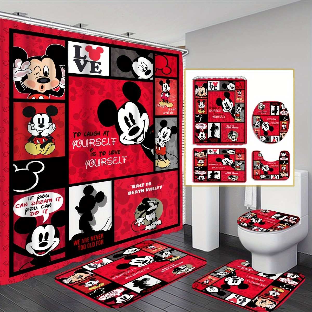 

4pcs Disney Mickey Mouse Shower Curtain Set, Waterproof Polyester Bathroom Accessories With 12 Hooks, Non-slip Bath Mat, U-shaped Toilet Rug, And Toilet Lid Cover, Machine Washable