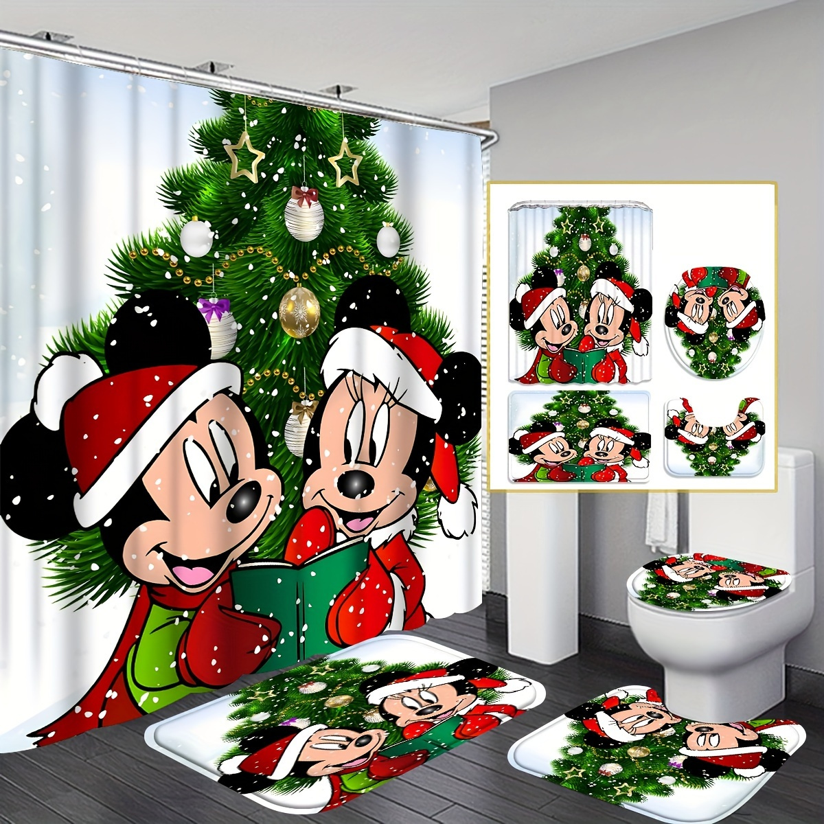 

4pcs Mickey And Christmas Pattern Shower Curtain Set, With 12 Hooks, Non-slip Shower Mat, U-shaped Toilet Mat, Toilet Mat, Bathroom Accessories, Home Decorations