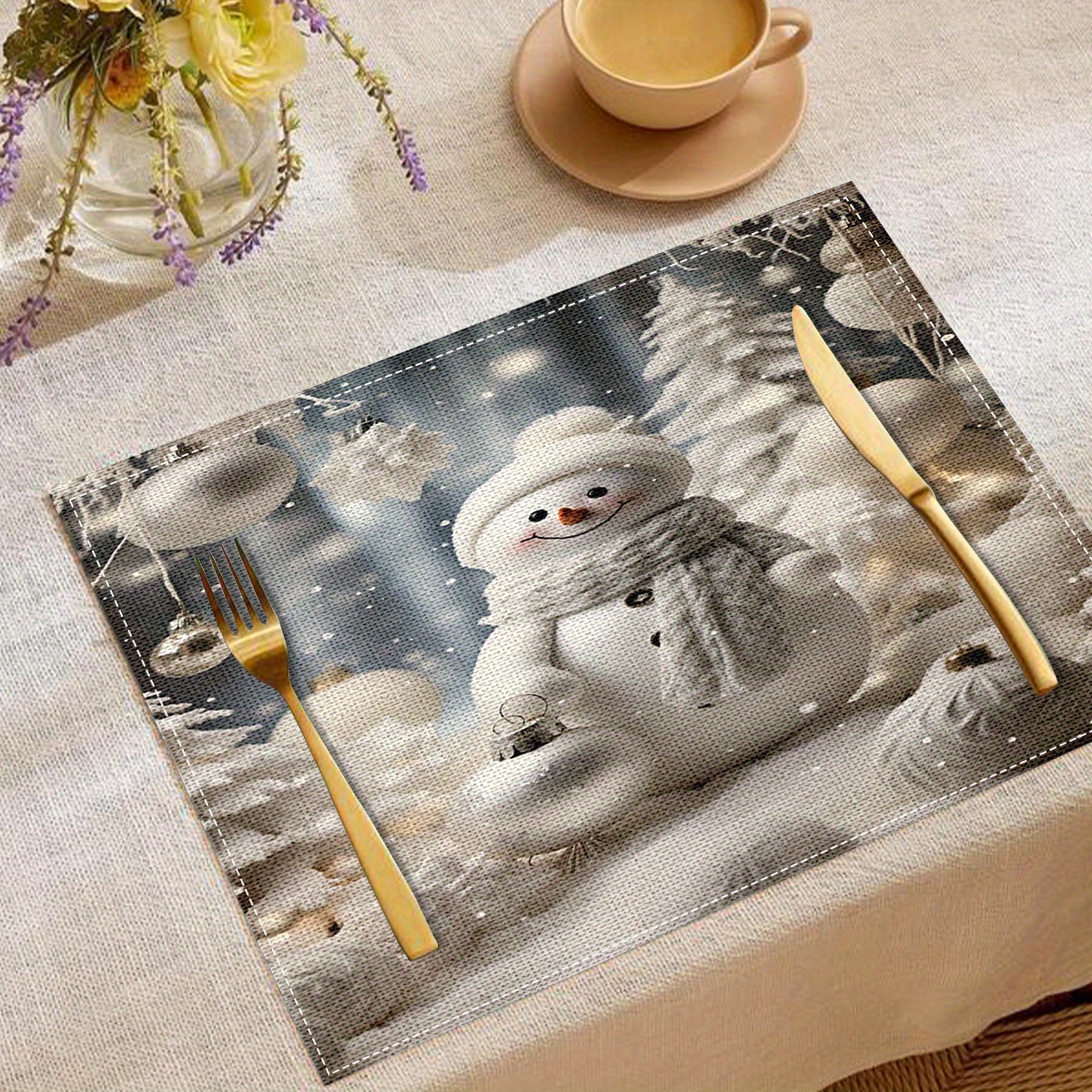 

Christmas Snowman Theme Placemats Set Of 4, 100% Linen Woven Heat Resistant Table Mats, Machine Washable Square Dining Mats For Home And Holiday Decor