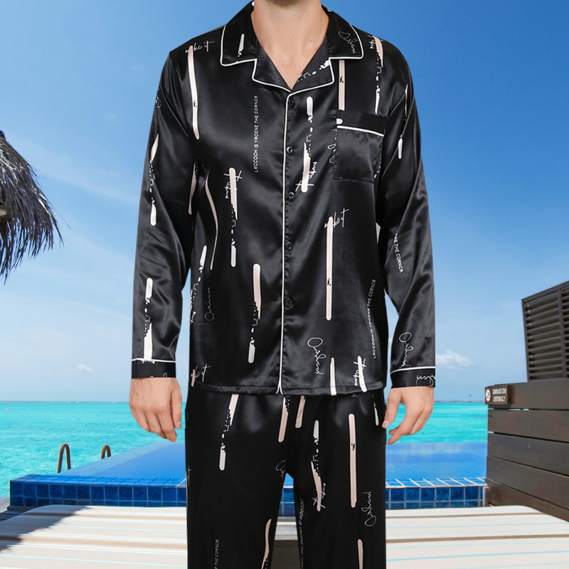 

Men's Ice Silk Long Sleeves And Long Pants Suit Beach 0utfits Loungewear Summer Clothes Satin Resort Wear Yacht Attire