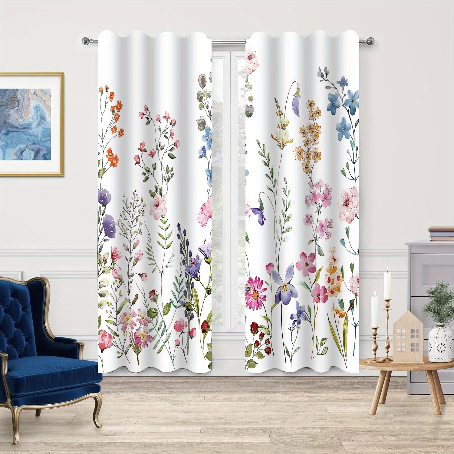 

2pcs Light Blocking Curtain Set, Polyester, Floral Pattern Printing, Uv Protection And Insulation, Room Decoration, Home Decoration