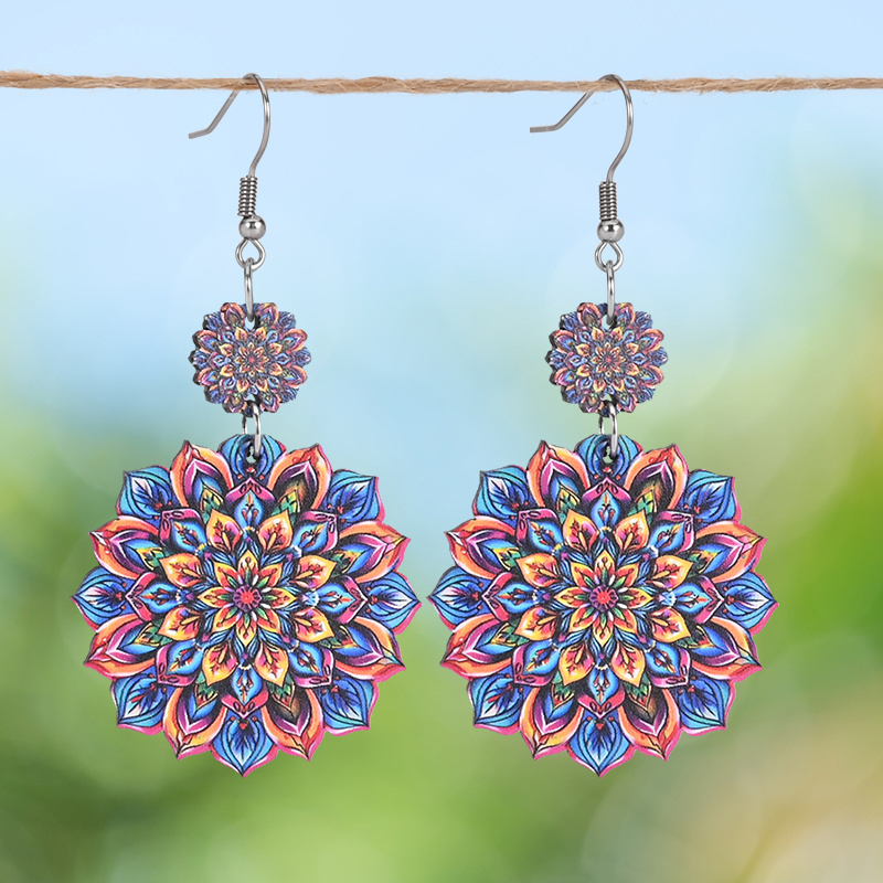 

1 Pair Boho Mandala Wood Earrings - Hypoallergenic Bohemian Flower Drop Dangles, Lightweight Party Accessory, Gift For Her