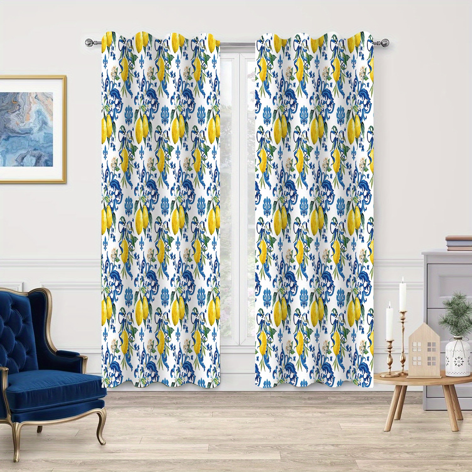 

Classic Lemon Flower Pattern Room Darkening Curtains - 2pcs Set, Knit Polyester, Uv Protection, Insulation With Tie Back For Living Room - Machine Washable Curtain Panels