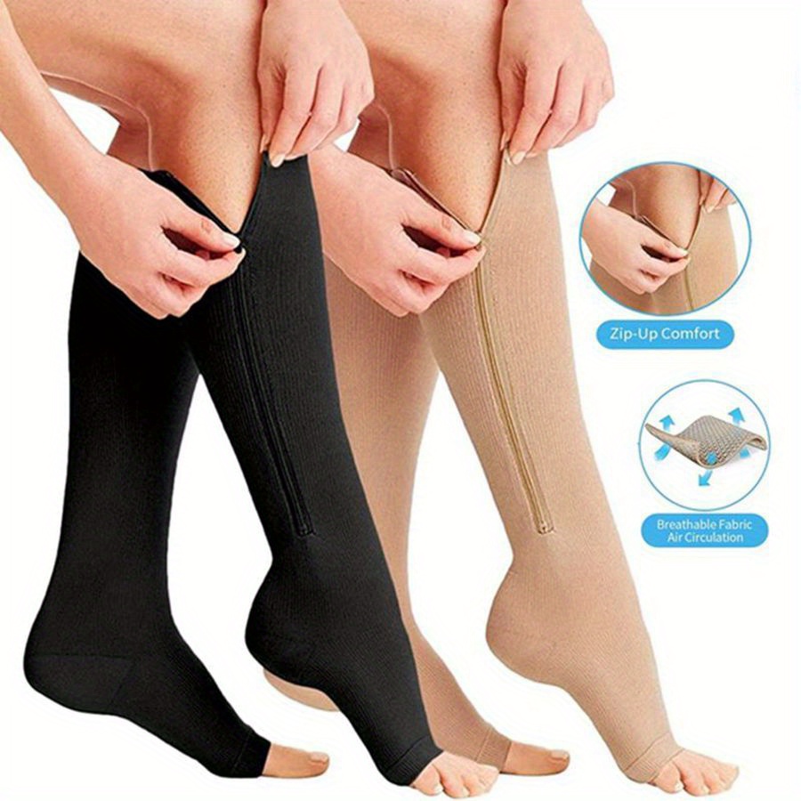 

3pcs Nylon Knee-high Sports Socks - Breathable, Open-toe Design For Leg And Ankle Support, Ideal For Athletic Activities, In Nude/black