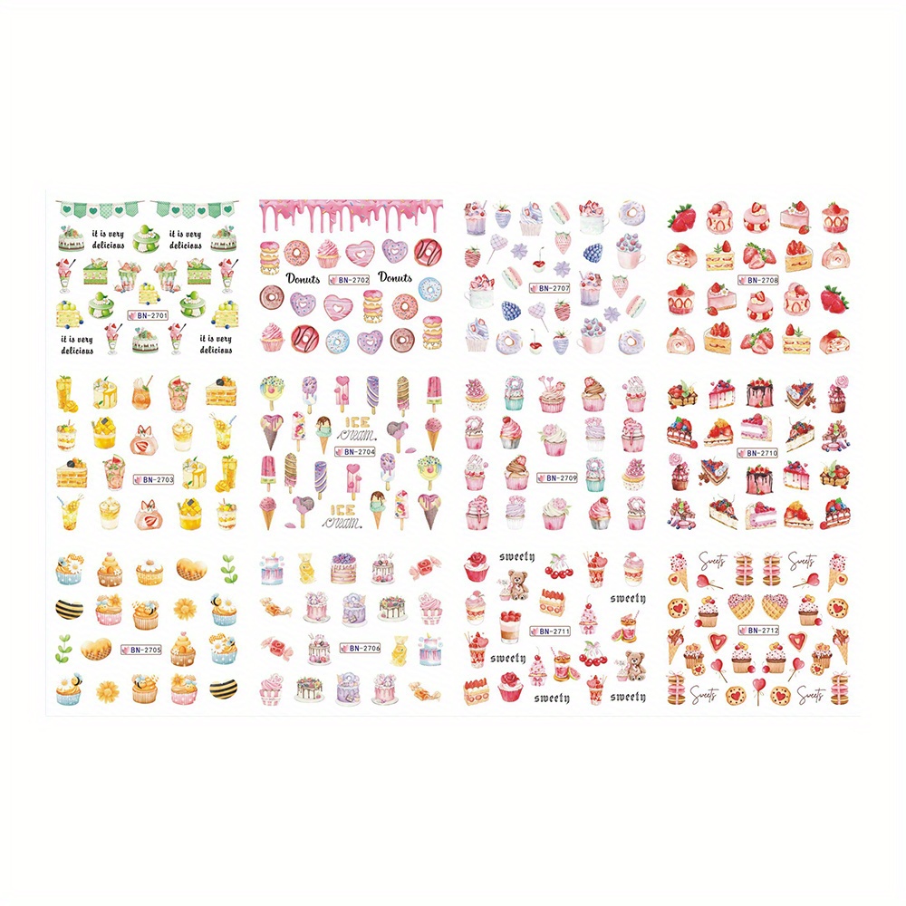 Image of 12 Styles/sheet Cartoon Cake Ice Cream Nail Art Stickers, Fruit Cute Kawaii Pattern Nail Slider Water Transfer Nail Art Decals