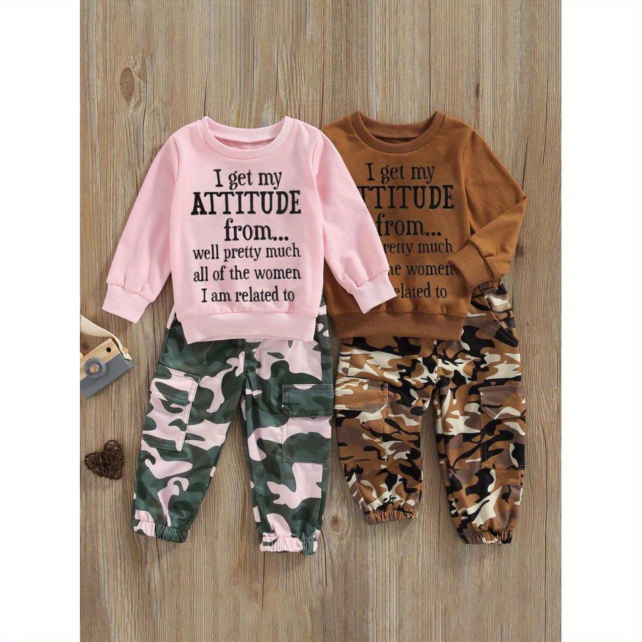 

Toddler Baby Girls Fall Fashion Clothes Letter Print Long Sleeve Sweatshirt And Stretch Camouflage Pants Set 2 Piece Outfit