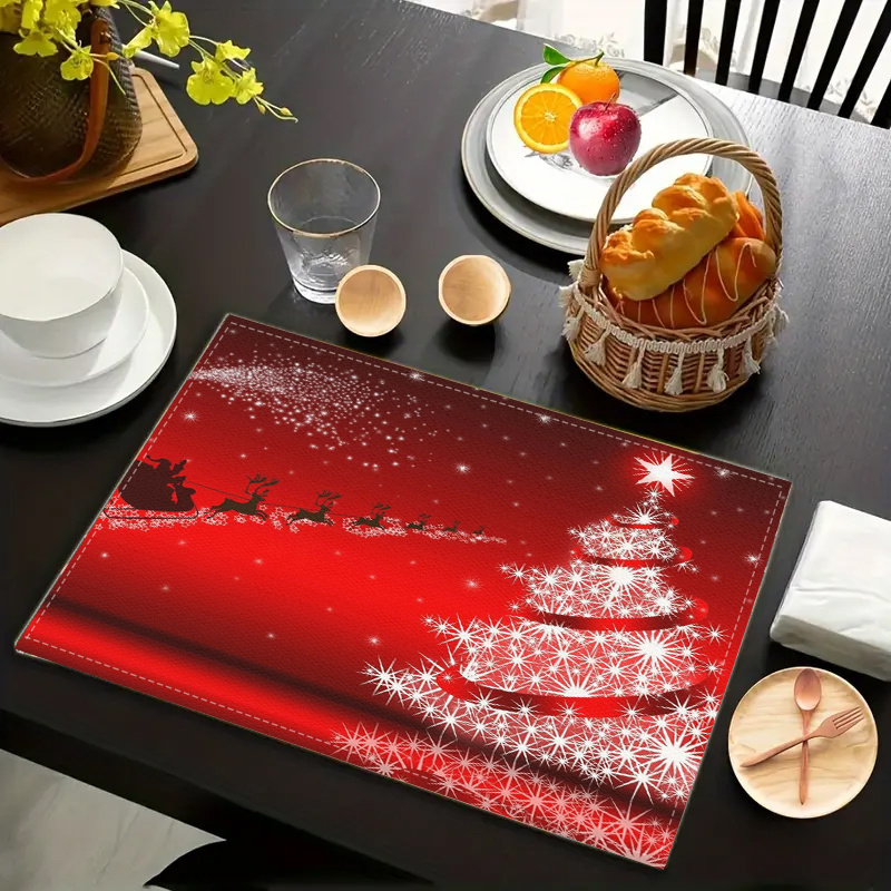 

Festive Christmas Placemats (2/4pcs Set) - Sparkling Tree & Reindeer Design With Snowflakes, Stain-resistant Linen Table Mats For Holiday Dining Decor