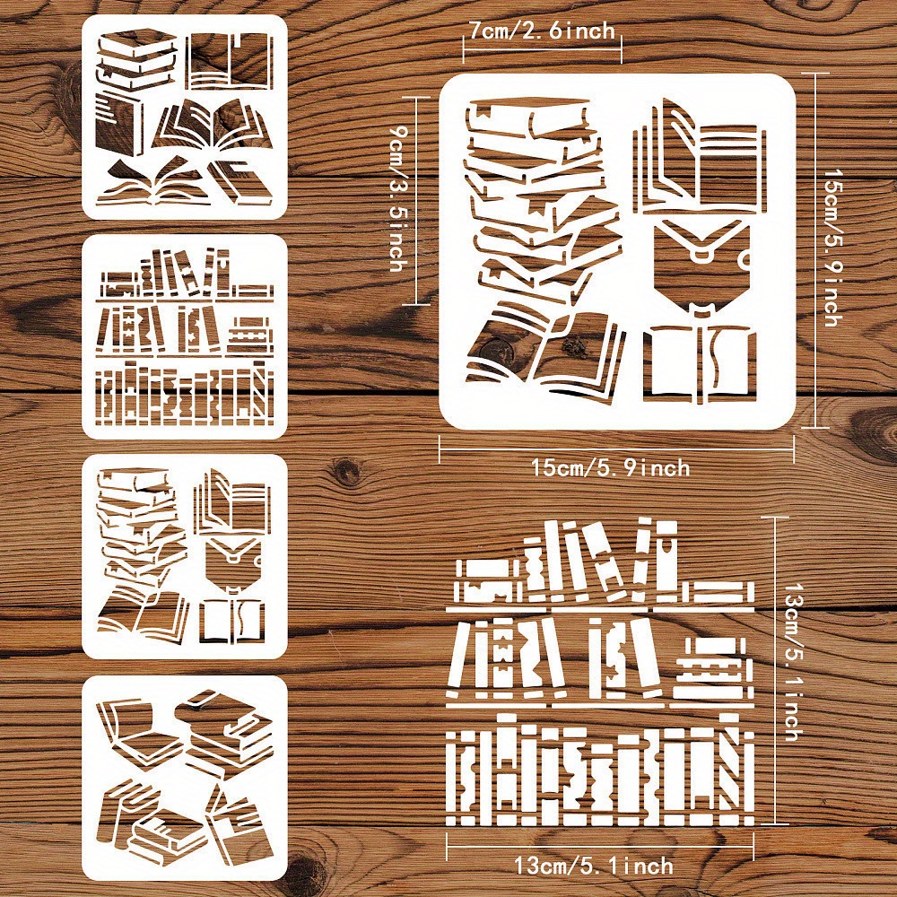 1set 4pcs Book Stencils For Painting 15x15cm Plastic Books Stencil Templates Reusable Stacked Standing Book Drawing Stencil For Office Study Library Wall Decor