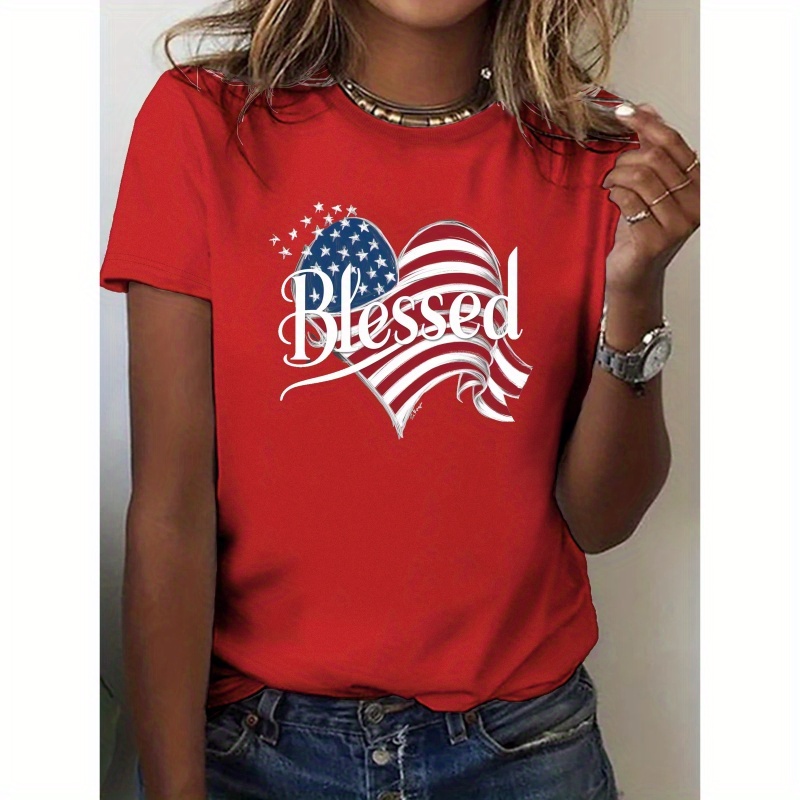 

American Flag Heart Blessed Pure Casual Women's Tshirt Comfort Fit