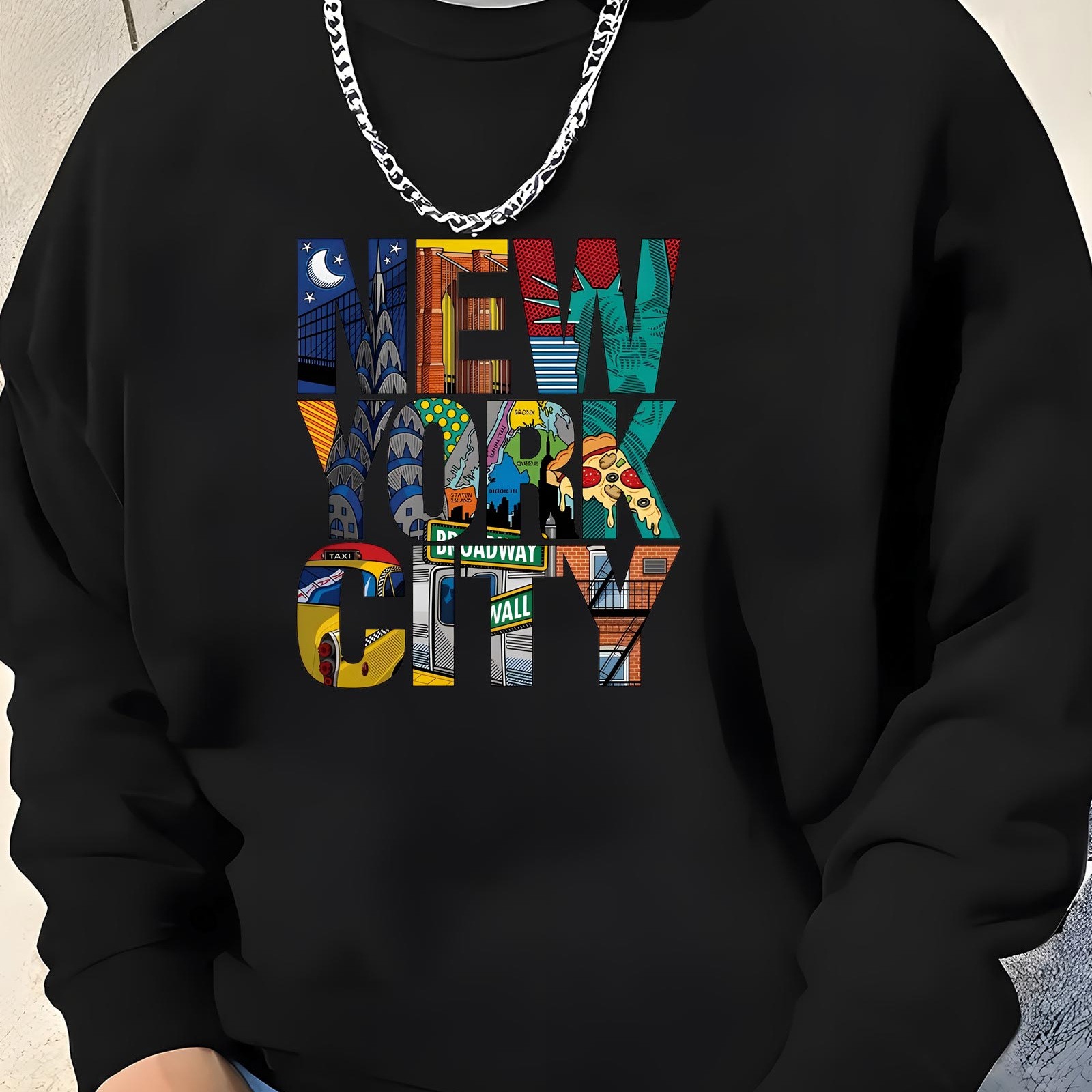 

New York City Print Men's Long Sleeve Crew Neck Pullover Sweatshirt & Casual Pants Outfits, Sweatshirt And Pants Two-piece Set For Spring/fall Outdoor