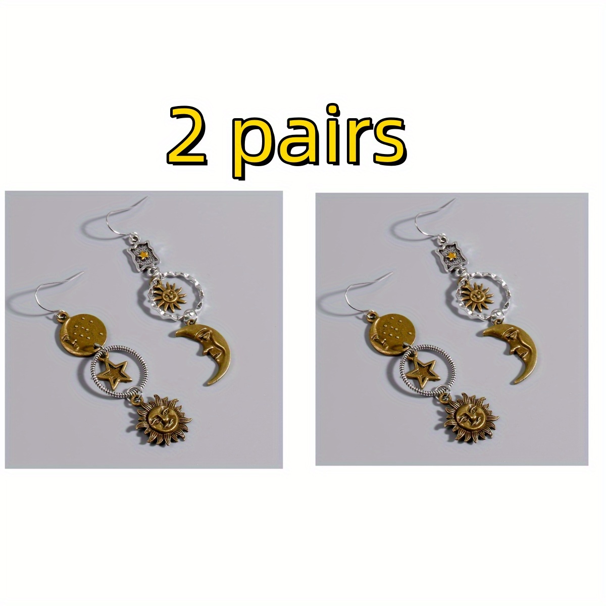 TEMU 2 Pairs Of Creative Retro Greek Mythology Face Sun And Moon Shaking Creative Design Women's Asymmetric Personalized Earrings Party Jewelry