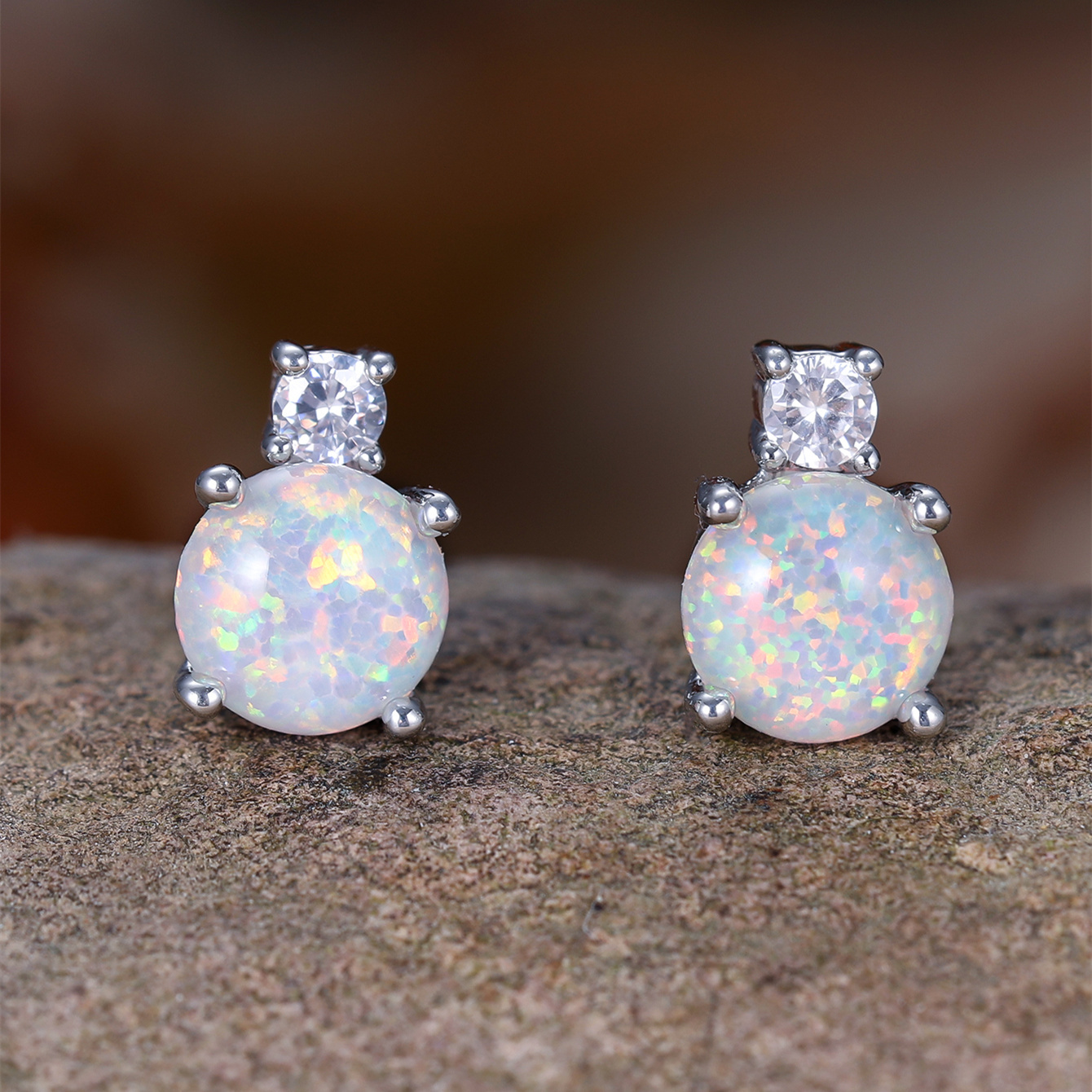 Image of A Pair Of Minimalist Round Opal Four-prong Earrings For Women, Delicate And Lightweight Dating Accessories