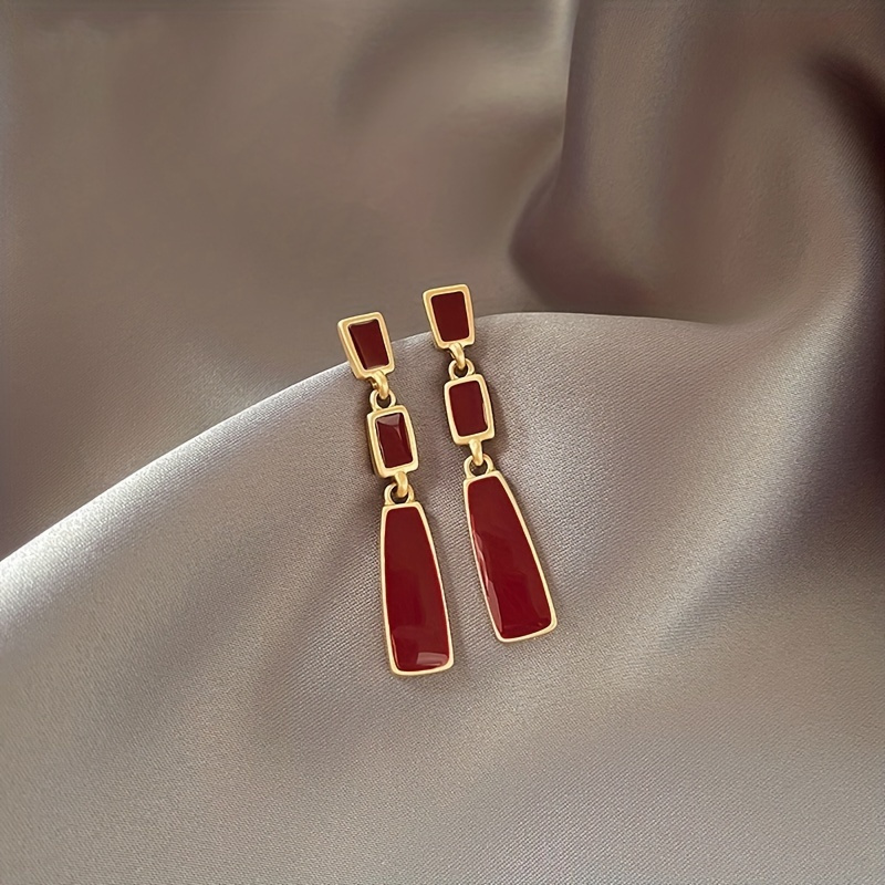 

Geometric Shape Red Dangle Earrings, Retro Alloy Jewelry, Vintage Party Jewelry, Holiday Birthday Christmas Halloween Gift For Women Mom Family Friends