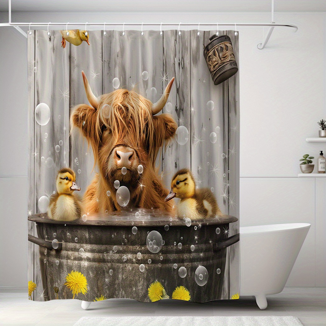

Water-resistant Farm Animal Shower Curtain With 12 Hooks – Woven Polyester Bathroom Decor, Highland Cow & Ducklings Design, Artistic Pattern, Easy Clean, 71x71 Inch – Ideal Gift For Friends & Family