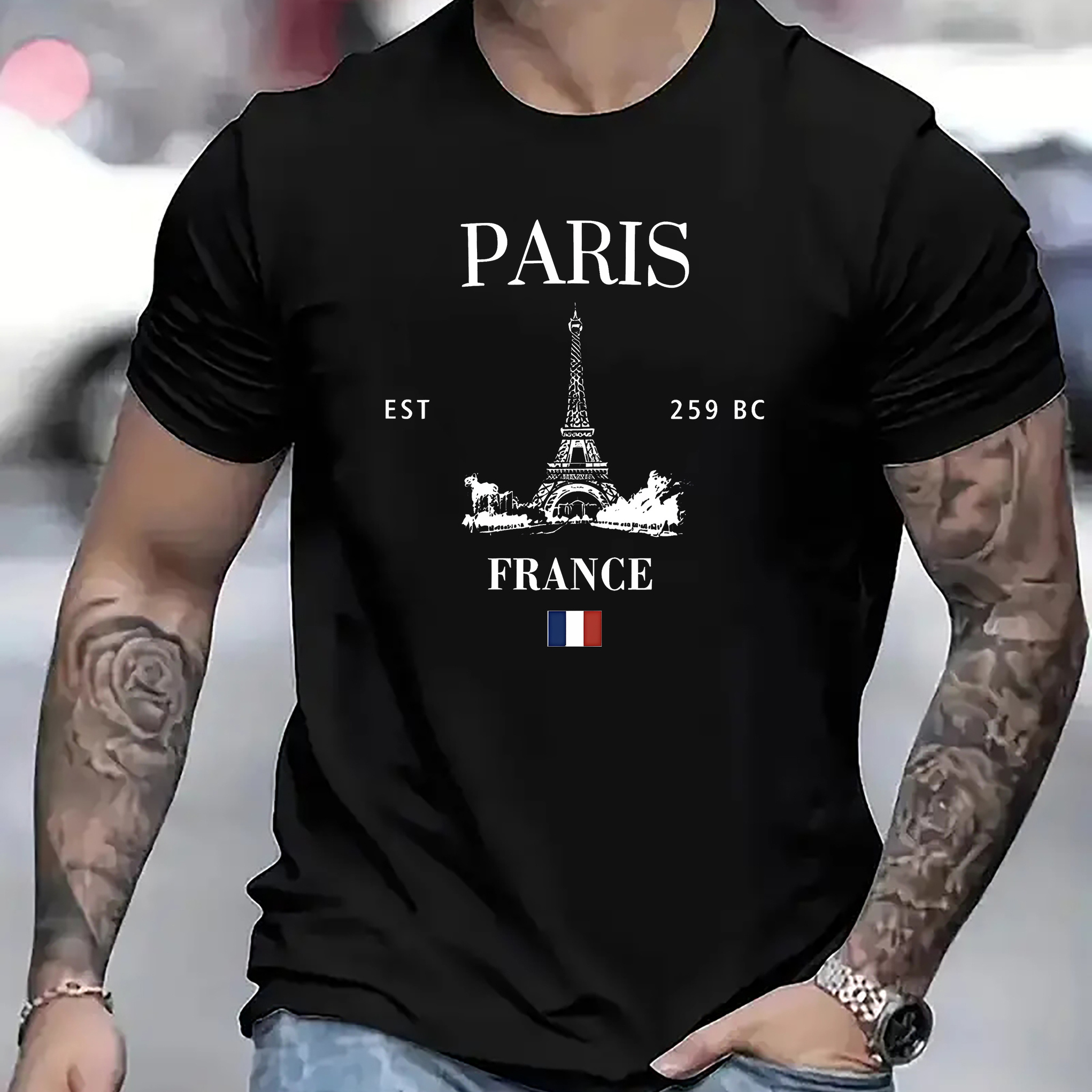 TEMU Men's Casual Novelty Letter Paris Print T-shirt, Casual Fashion Tee, Street Style Short Sleeve Crew Neck Shirt For Summer