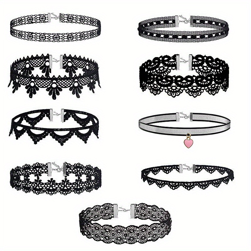 

9-piece Gothic Lace Choker Necklace Set For Women - Vintage Style Black Lace Collars - , Autumn, Party Accessory - No Metal Plating Or Mosaic - Daily & Party Wear - Adjustable Chain