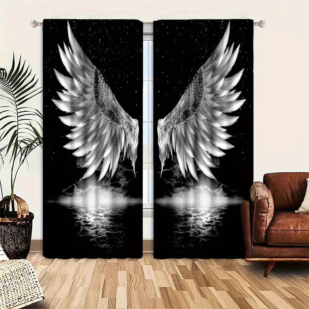 

Elegant Vintage-inspired Winged Print Curtains For Living Room & Bedroom - Easy Care, Durable Polyester, Rod Pocket Design, Machine Washable