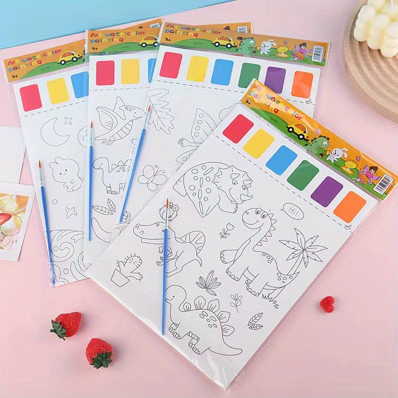 

8pcs Watercolor Coloring With Brushes - Diy Student Sketchbook With Unique Patterns, Ideal For Beginners & Party Favors, Coloring Book, Built-in, Party Supplies