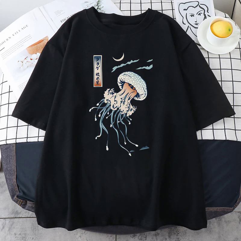 

Men's Colourful Jellyfish Printed Cotton T-shirts, Japanese Harajuku Short-sleeved T-shirts, O Neck, All Math, Vintage, Large Size