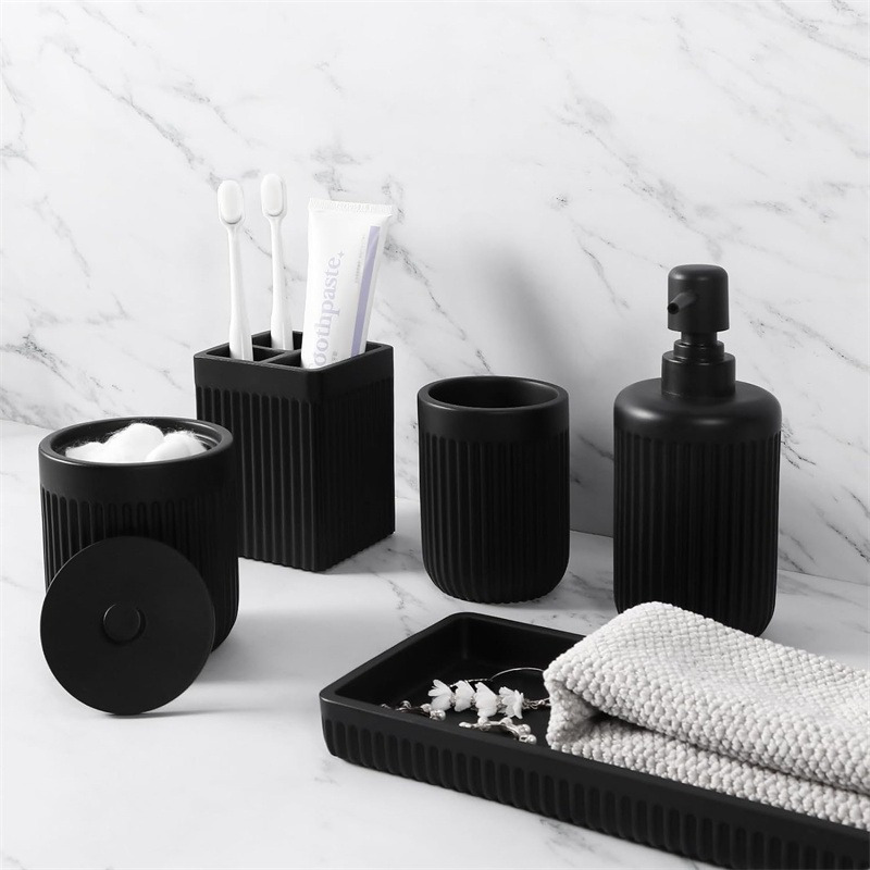 

Black Bathroom Accessories Set, 5pcs Matte Black Bathroom Accessory Sets Complete, Glass Bathroom Soap Dispenser And Toothbrush Holder Set With Ceramic Tray, Modern Bathroom Counter Sink Decor