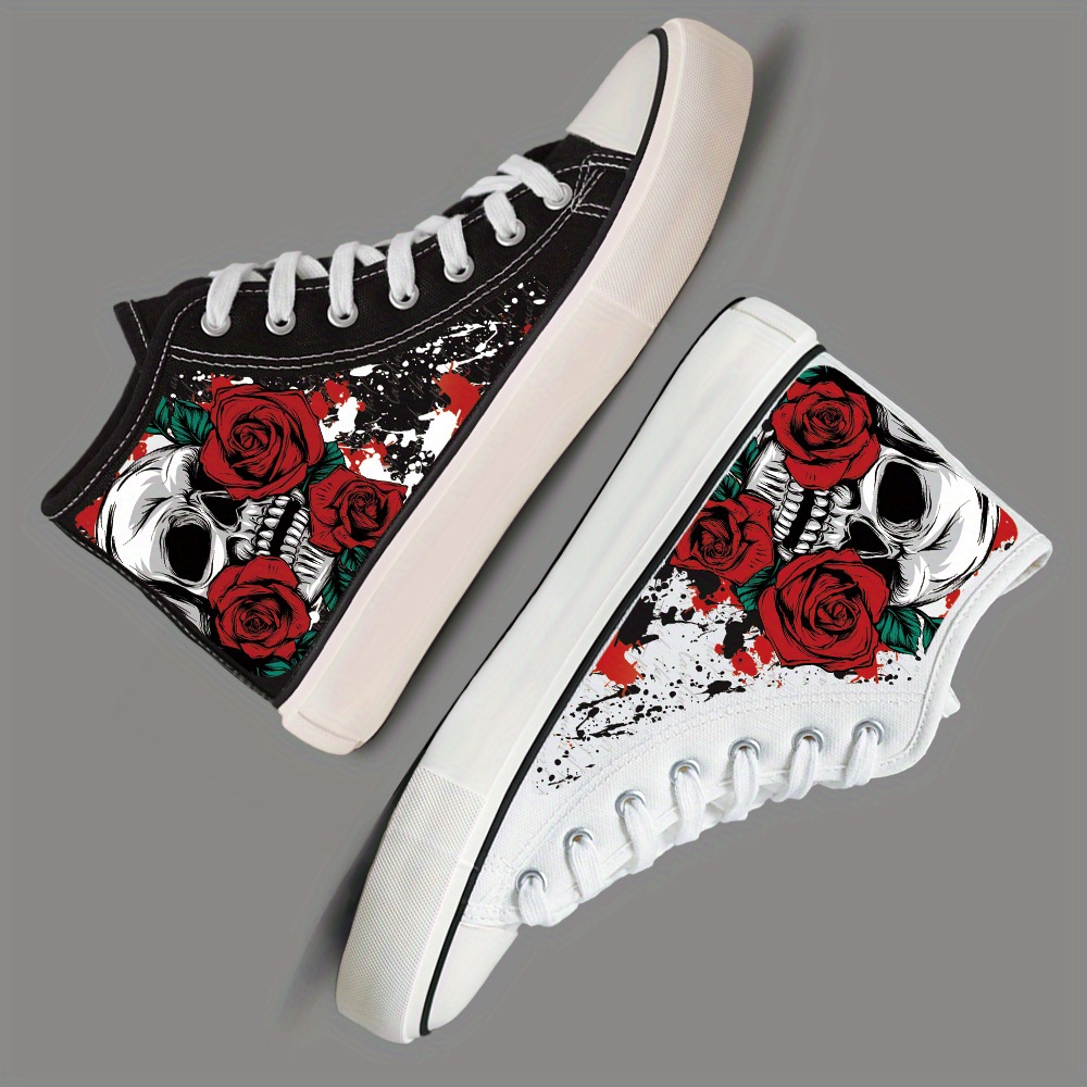 

Unisex Canvas Sneakers, Casual Sports Skate Shoes With Halloween Skull And Roses Design, Lace-up Walking Footwear