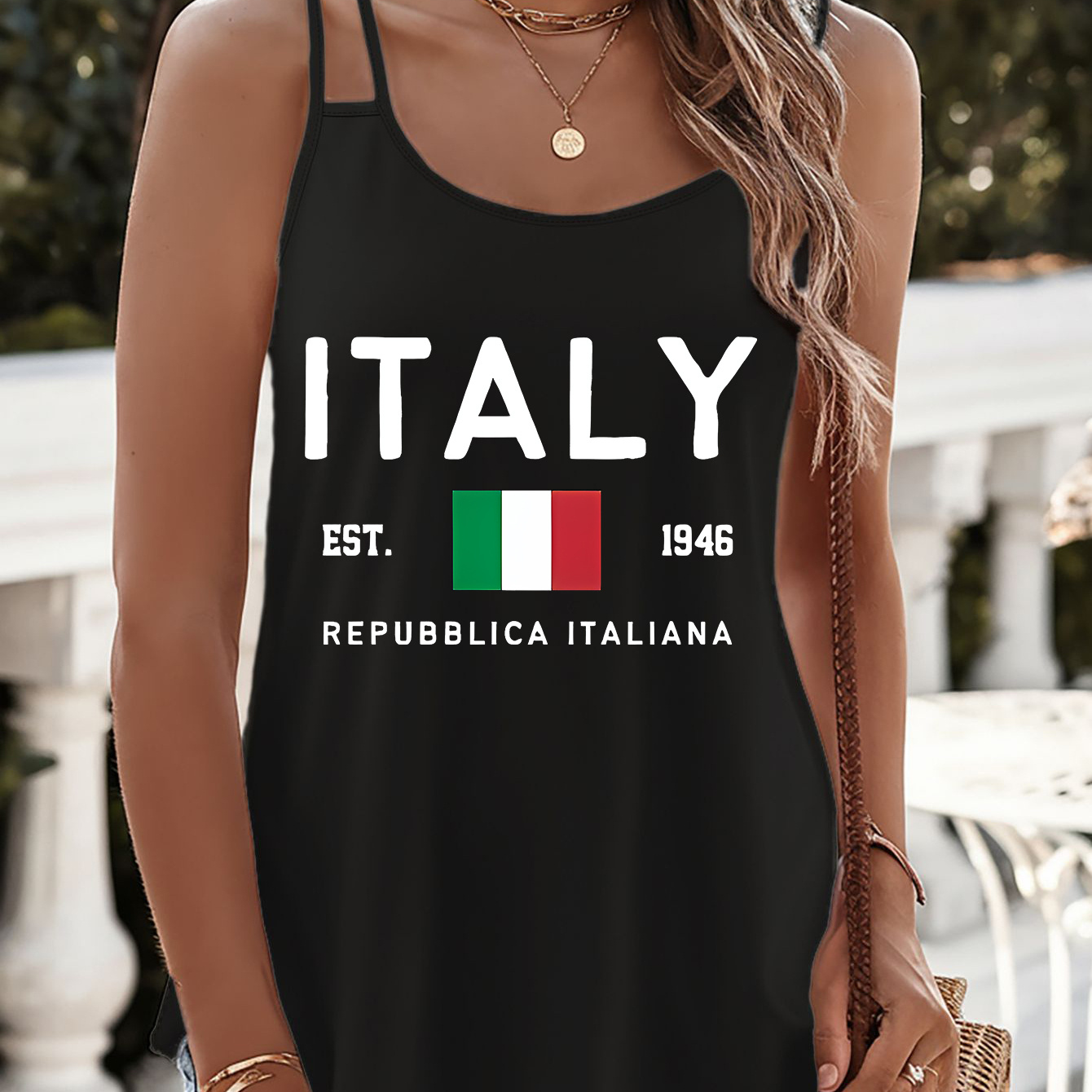 

Italy Print Double Straps Top, Casual Sleeveless Cami Top For Summer, Women's Clothing