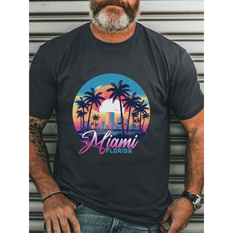 

Men's Summer Sunset Graphic Tee - Casual Short-sleeve T-shirt, Breathable Polyester, Machine Washable