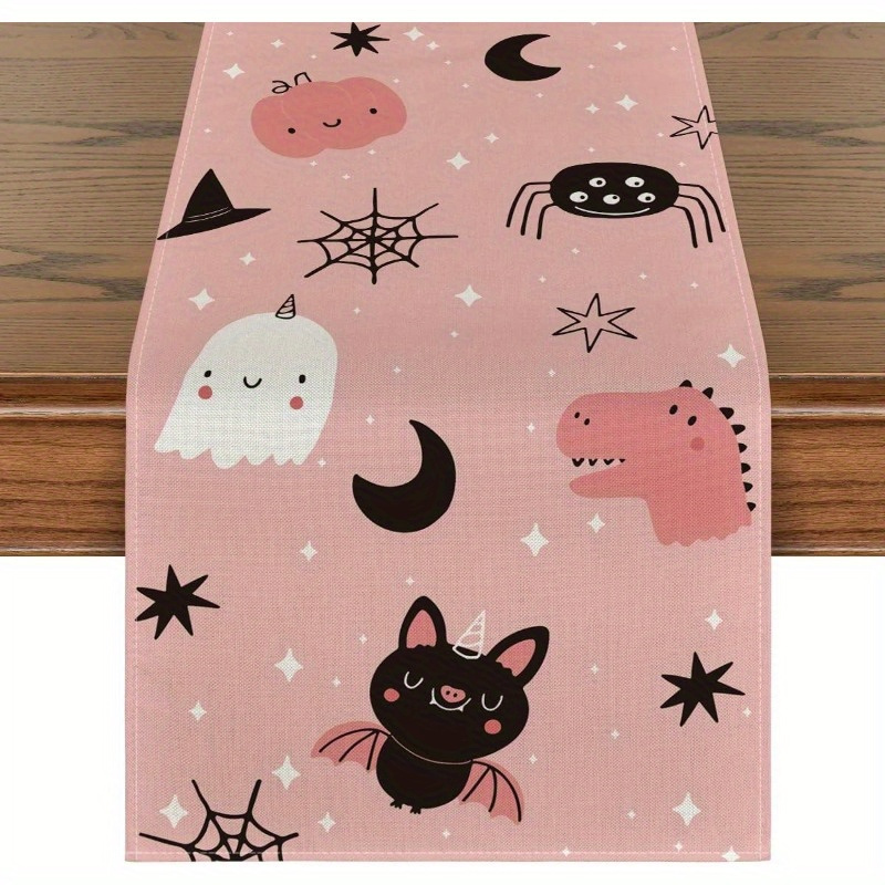 

Spooky Halloween Table Runner: Pink Ghost Spider Web Moon Bat Decor, 13x72 Inch, Rectangular, Polyester, Outdoor Home Party