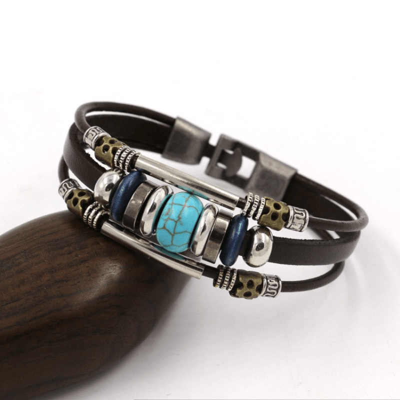 

1pc Fashion Turquoise Beaded Personality Ethnic Style Bracelet Retro Multi-layer Couple Charm Leather Bracelet Party Holiday Gift Accessories