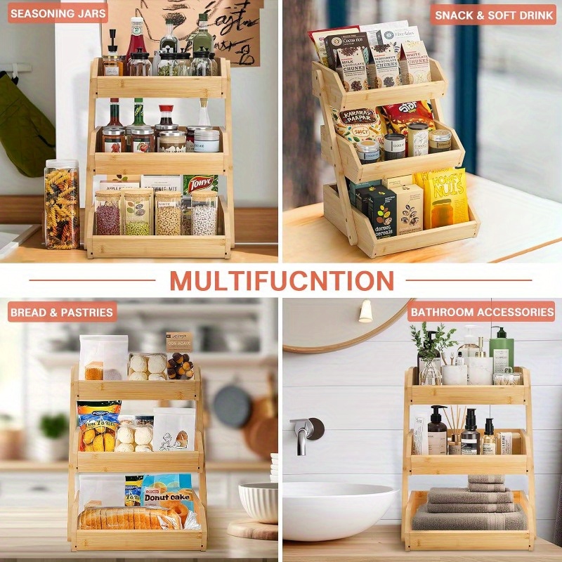 3 tier bamboo fruit basket stand for kitchen countertop bamboo products open slat design for air circulation   bread vegetables and home   self assembly fruit basket for kitchen details 2