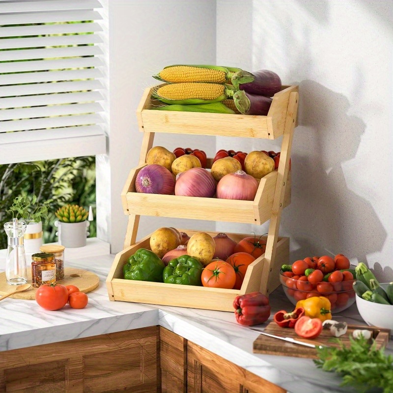 3 tier bamboo fruit basket stand for kitchen countertop bamboo products open slat design for air circulation   bread vegetables and home   self assembly fruit basket for kitchen details 7
