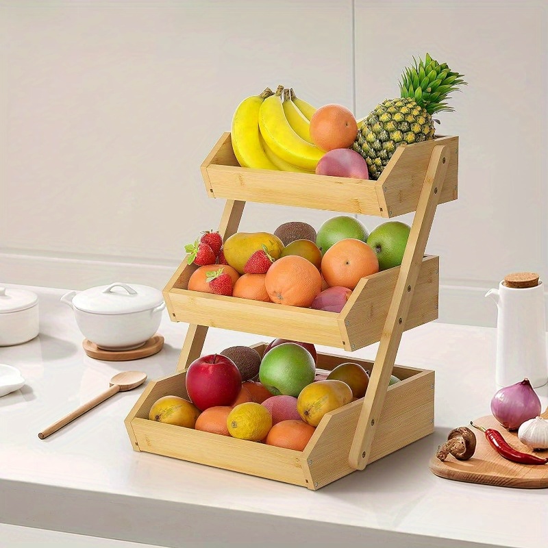 3 tier bamboo fruit basket stand for kitchen countertop bamboo products open slat design for air circulation   bread vegetables and home   self assembly fruit basket for kitchen details 8