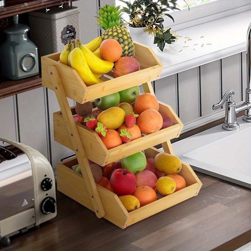 3 tier bamboo kitchen organizer versatile fruit vegetable bread stand for countertop display and storage details 9