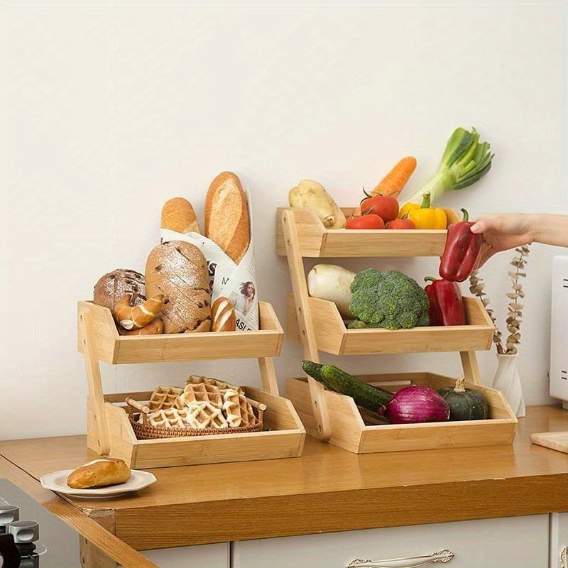3 tier bamboo fruit basket stand for kitchen countertop bamboo products open slat design for air circulation   bread vegetables and home   self assembly fruit basket for kitchen details 3