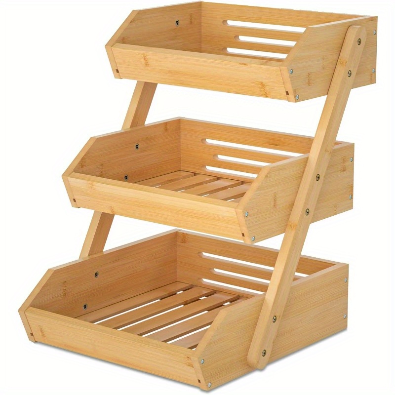 3 tier bamboo fruit basket stand for kitchen countertop bamboo products open slat design for air circulation   bread vegetables and home   self assembly fruit basket for kitchen details 1