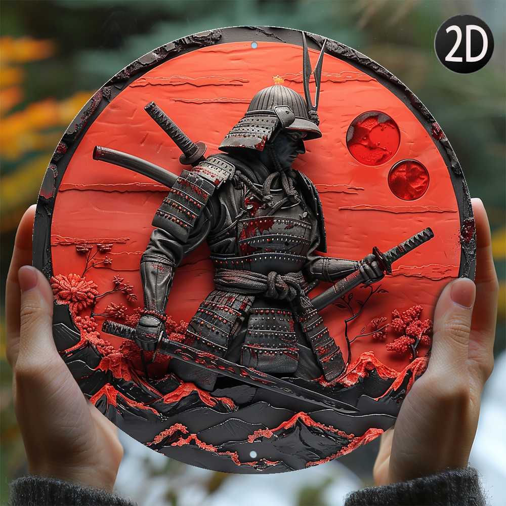 

1pc 8" Round Japanese Samurai Aluminum Tin Wall Art, Decorative Metal Sign For Home, Bedroom, Kitchen & Entrance, Unique Spring & Summer Wall Hanging, Ideal Gift For Father & Easter
