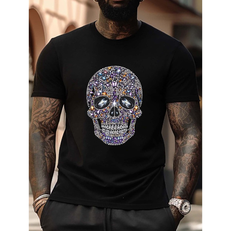 

Skull With Gemstones Graphic Print Men's Plus Size Summer T-shirt, Casual Short Sleeve Top, Breathable Lightweight Trendy For Everyday Wear