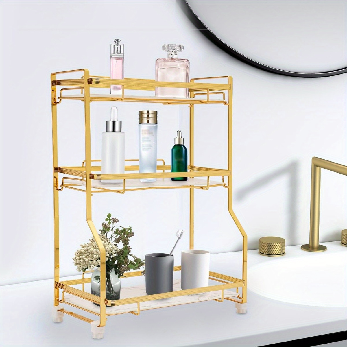 

3 Tier Bathroom Vanity Countertop Cosmetics Organizer Bathroom Countertop Shelf For Kitchen Bathroom Bedroom Skincare Makeup Perfume White Golden