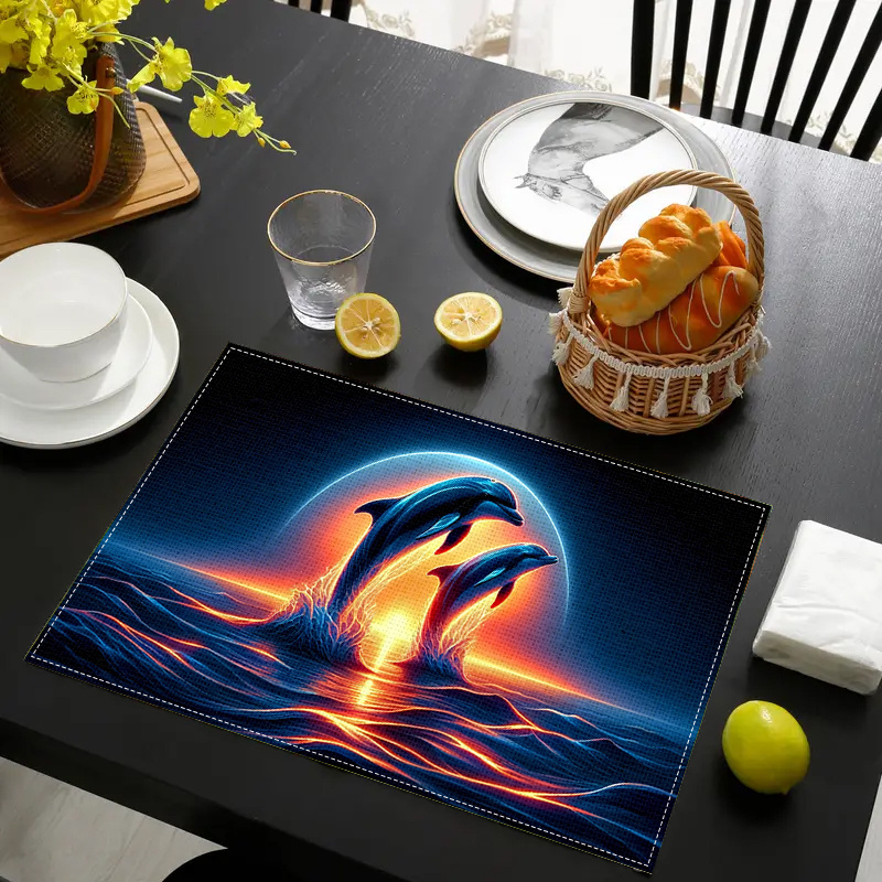 

Black Double Dolphin Design Linen Placemat - Stain-resistant, Washable Table Mat For Dining & Parties