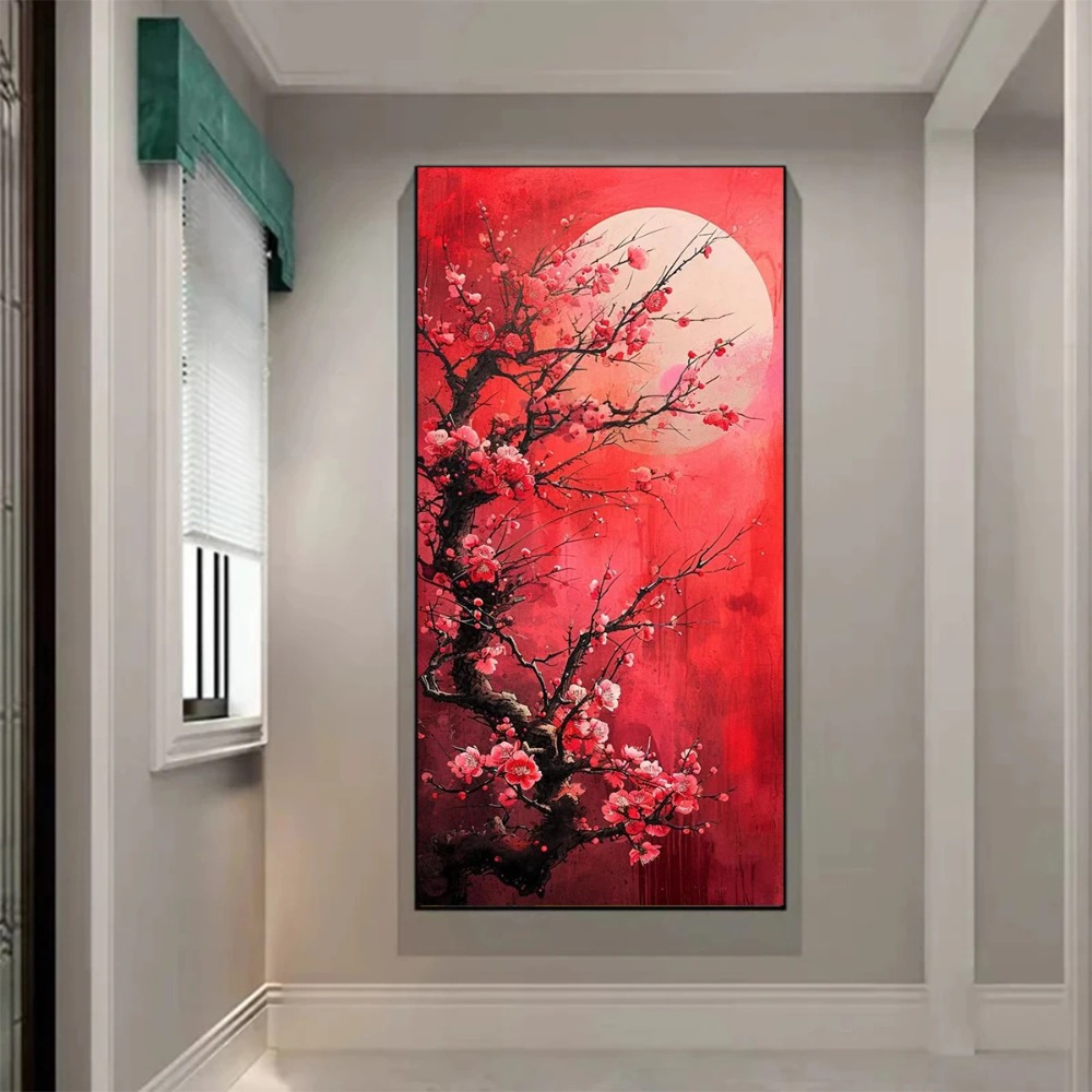 

5d Diy Diamond Painting Kit, Cherry Blossom Red Tree, Round Diamond Embroidery Art Canvas, Large Wall Decor For Home And New Year Gifts