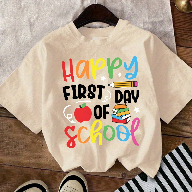 

happy First Day Of School" Letter Print T-shirt, Short Sleeve Crew Neck Casual T-shirt For Summer, Girl's Daily Wear Clothing