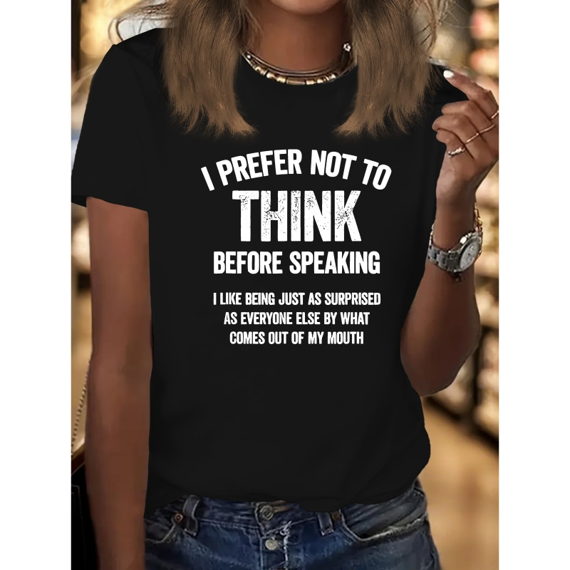 

Think Print Crew Neck T-shirt, Casual Short Sleeve Top For Spring & Summer, Women's Clothing