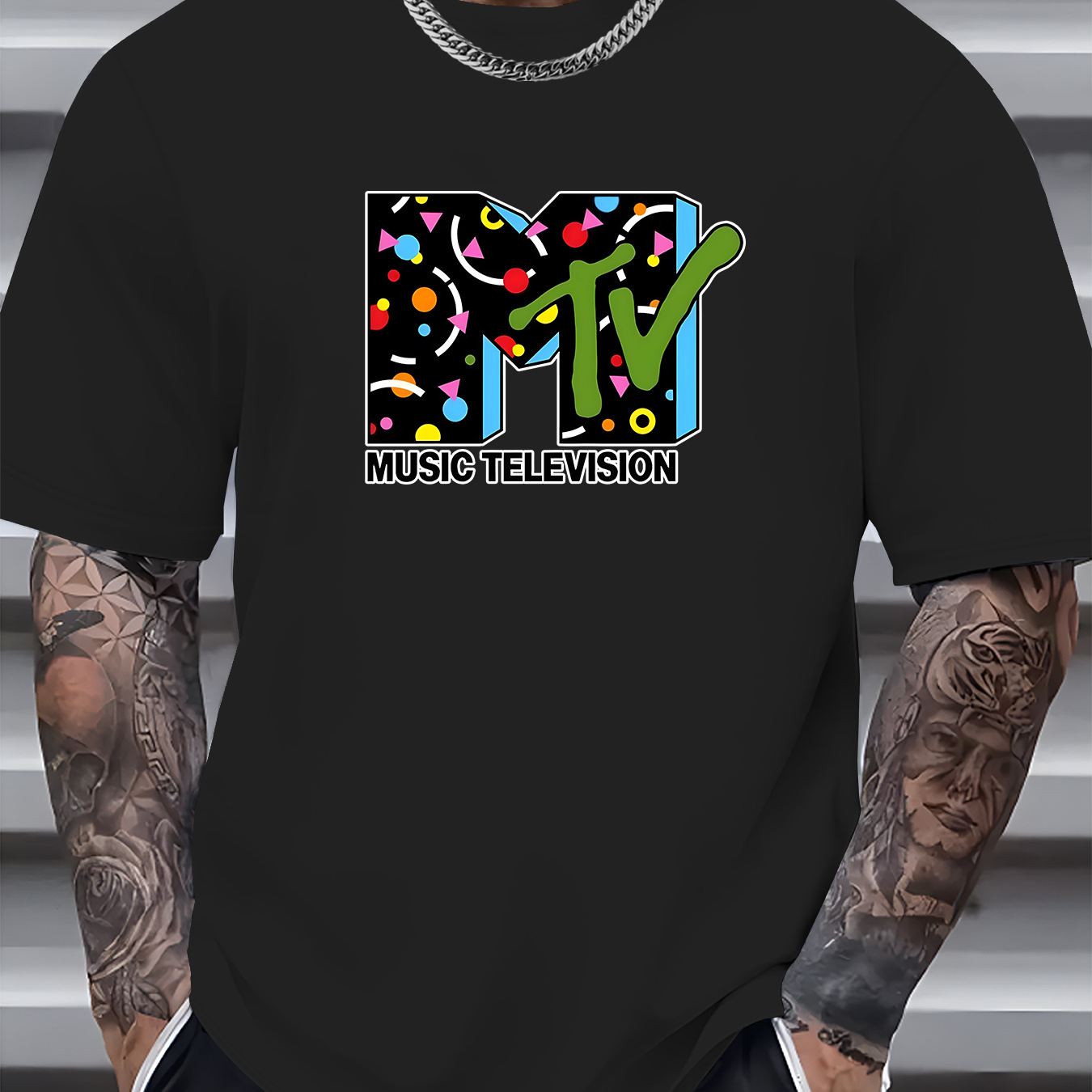 

Music Television Print Tee Shirt, Tees For Men, Casual Short Sleeve T-shirt For Summer