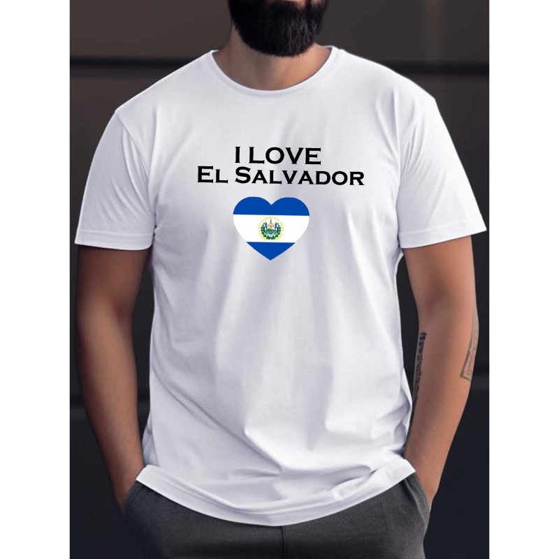 

I Love El Salvador Print Men's T-shirt, Trendy Casual Style With Comfy Short Sleeves, Perfect For Summer Outdoor Activities