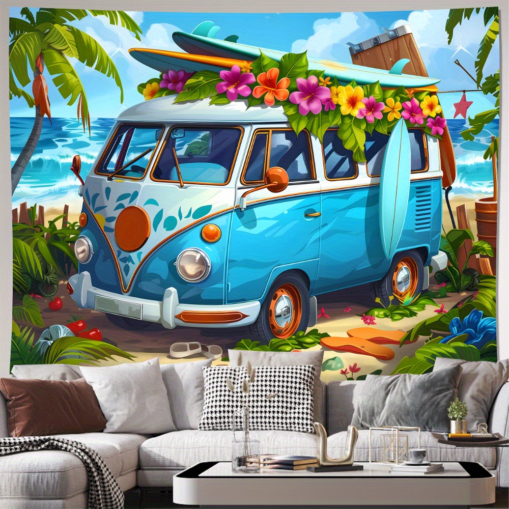 

Hawaiian Beach Camper Tapestry - Fun Polyester Wall Hanging For Living Room, Bedroom, Office Decor | Includes Easy Install Kit