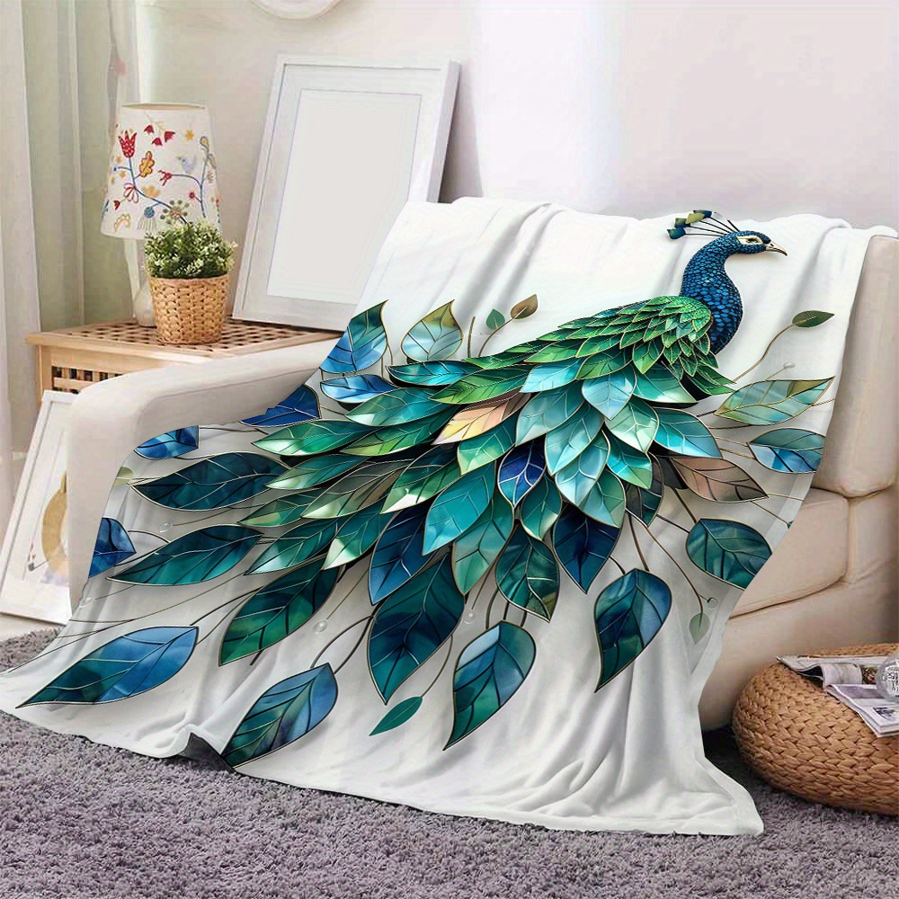 

Peacock Digital Print Flannel Blanket - Contemporary Style, All-season Soft Polyester Throw For Sofa, Air Conditioning, Naps - Double-sided Velvet Gift Blanket, 250-300g, Woven Fabric - 1pc