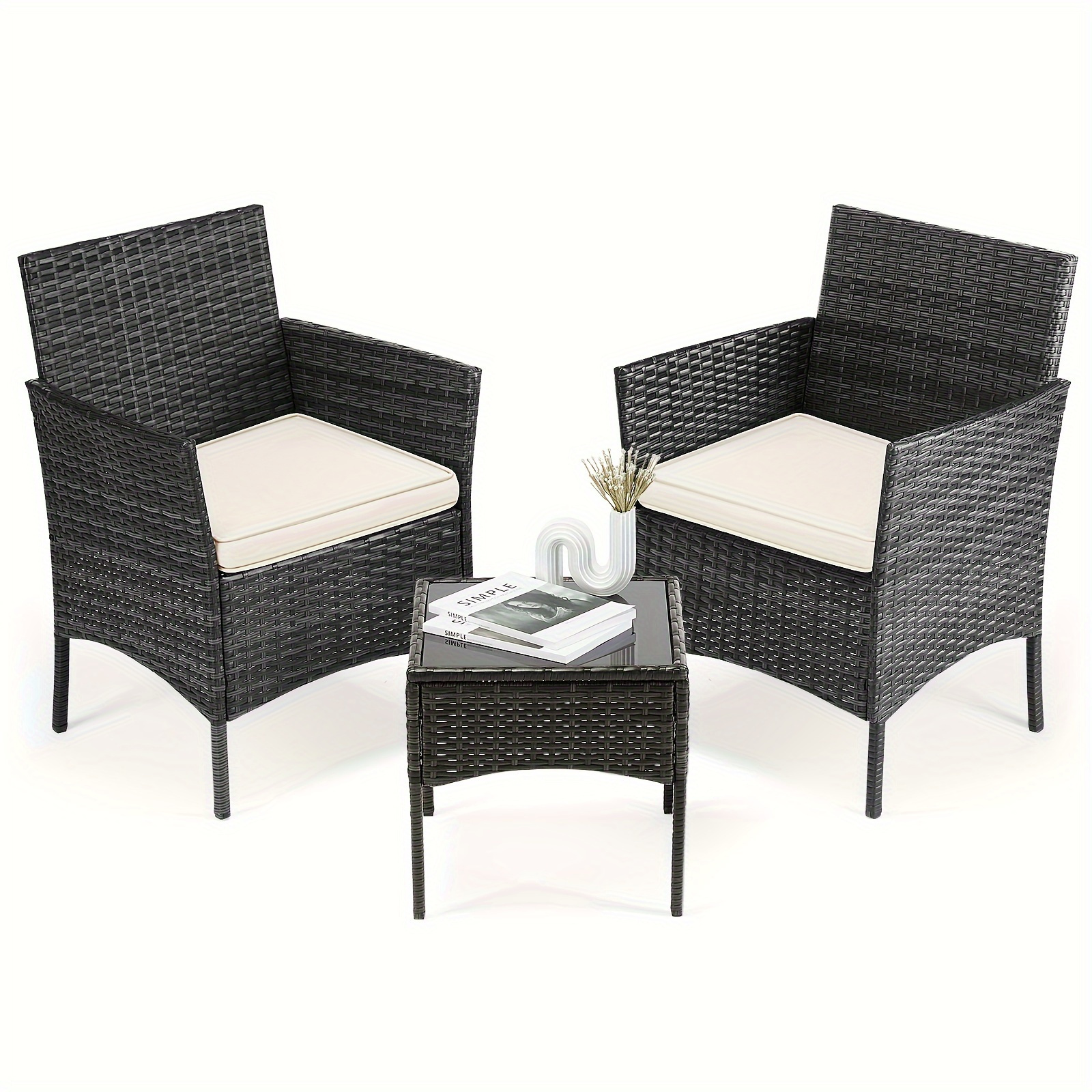 

3pcs Patio Furniture Set Stylish Rattan Effect Loveseat, Soft Cushion, Glass Table, And Construction For Backyard, Balcony, Porch, Or Poolside